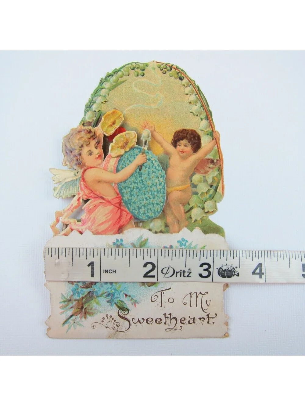 Vintage Valentine 3D Pop Up Die Cut Angel Boys Dance Drum Music Blue Flowers